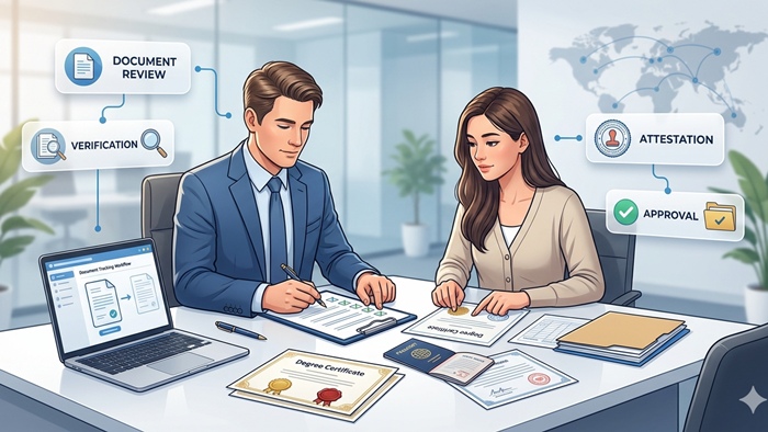 Document authentication and apostille support process with official paperwork and stamps
