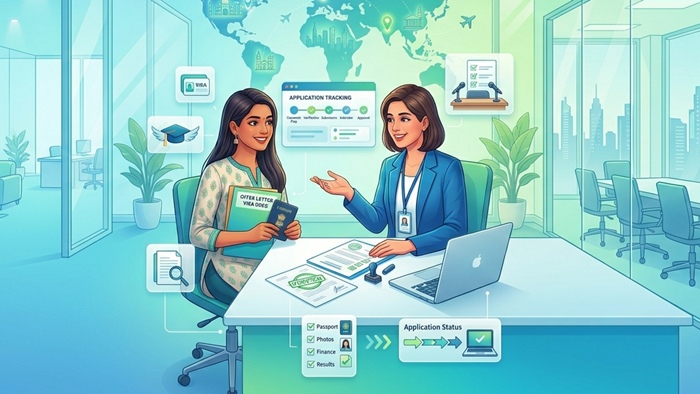 Professional education consultant helping students with visa application documents in modern office