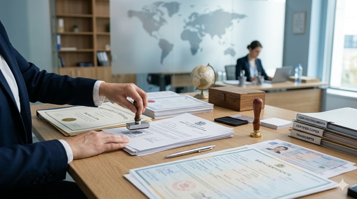 Official document verification and apostille certification process with government stamps and legal documents