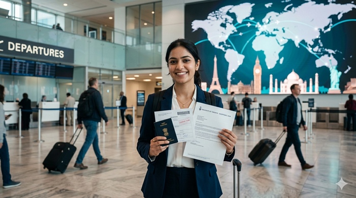 Student visa approval with passport, visa documents and university admission letter on desk