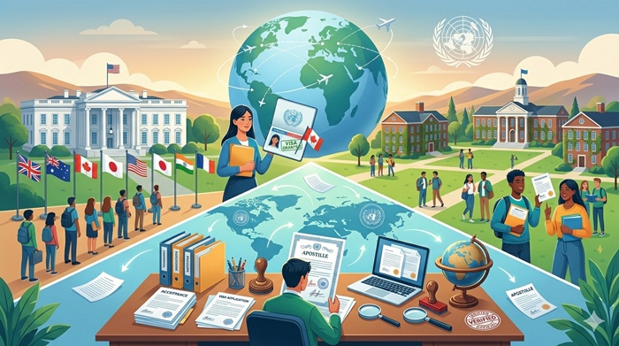 International student preparing visa and educational documents together for study abroad